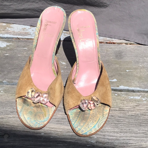 Beige Suede 3.5” Mules w/6 real crystals (3 each) - Picture 1 of 5